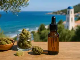 Staklena bočica CBD ulja i cvjetovi konoplje na drvenom stolu s pogledom na grčku obalu i crkvu – simbol prirodnih CBD proizvoda i CBD trgovine u Grčkoj.