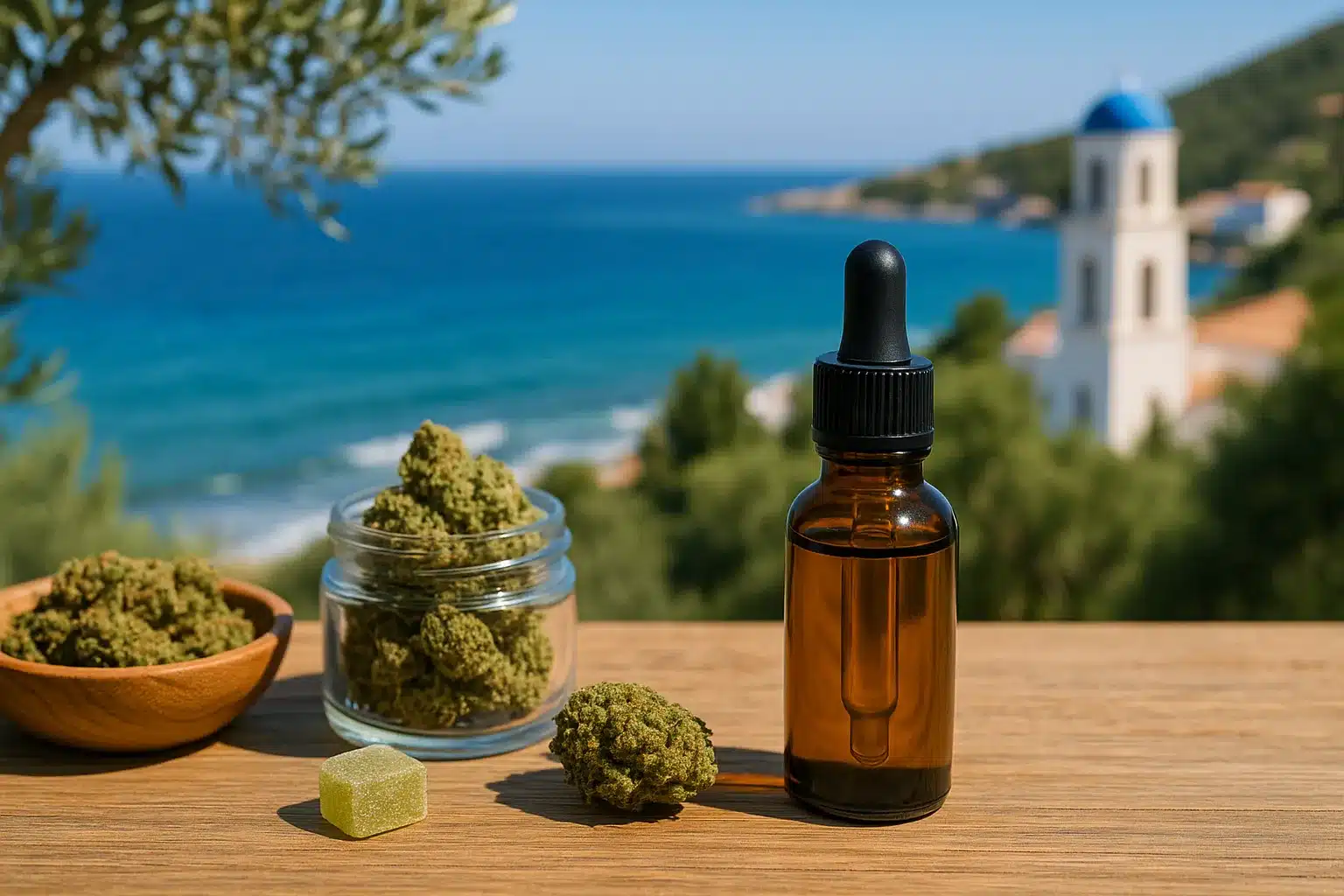 Staklena bočica CBD ulja i cvjetovi konoplje na drvenom stolu s pogledom na grčku obalu i crkvu – simbol prirodnih CBD proizvoda i CBD trgovine u Grčkoj.