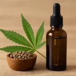 CBD ulje u tamnoj staklenoj bočici pored zelenog lista konoplje i sjemenki u zdjelici.