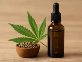 CBD ulje u tamnoj staklenoj bočici pored zelenog lista konoplje i sjemenki u zdjelici.