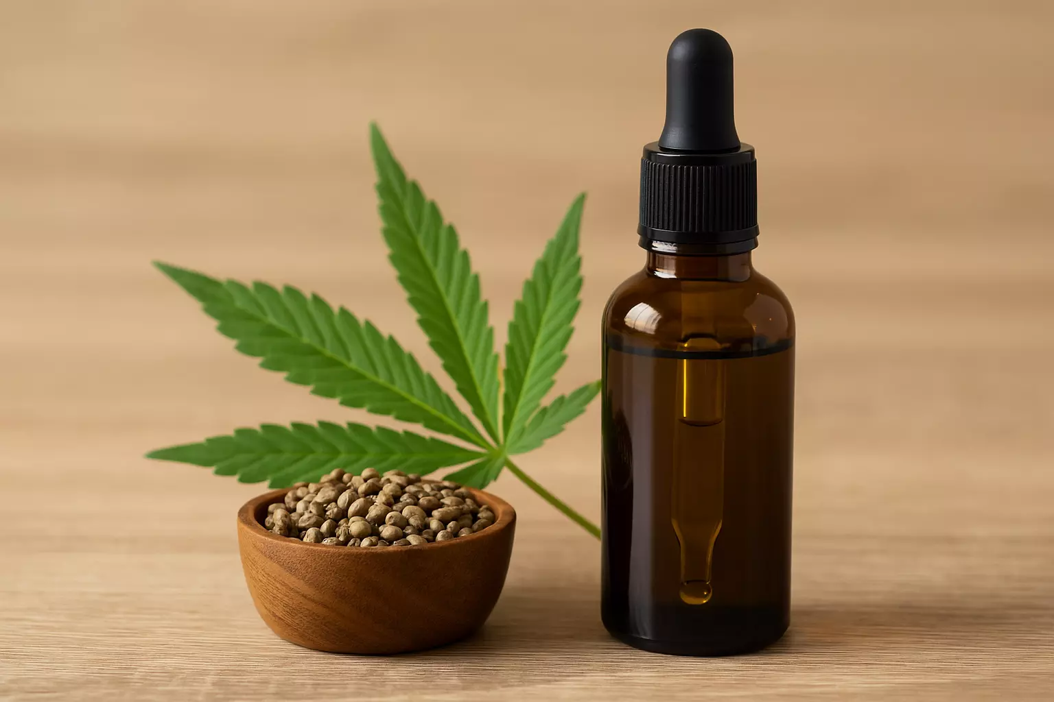 CBD ulje u tamnoj staklenoj bočici pored zelenog lista konoplje i sjemenki u zdjelici.