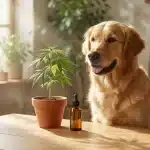 Zdrav zlatni retriver pored bočice CBD ulja i biljke konoplje na drvenom stolu - CBD ulje za zdravlje i dobrobit pasa