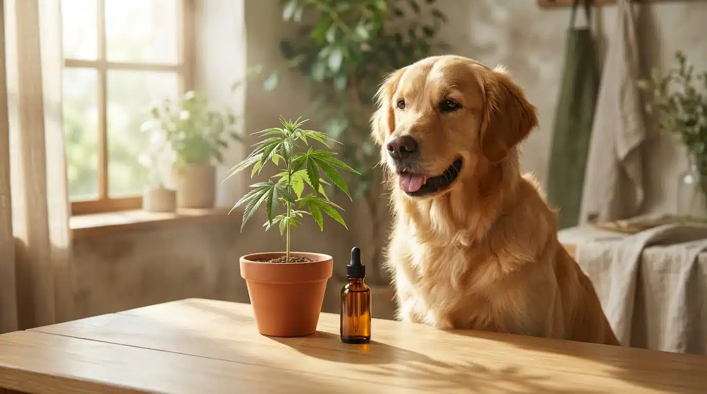 Zdrav zlatni retriver pored bočice CBD ulja i biljke konoplje na drvenom stolu - CBD ulje za zdravlje i dobrobit pasa