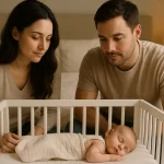 Mladi roditelji u spavaćoj sobi s mekim osvjetljenjem nježno promatraju novorođenče koje sigurno spava u bijelom krevetiću, ilustracija vodiča za sigurnu i udobnu njegu novorođenčeta.