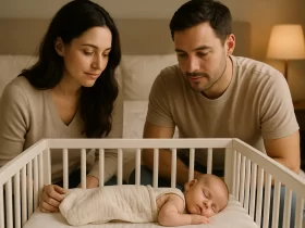 Mladi roditelji u spavaćoj sobi s mekim osvjetljenjem nježno promatraju novorođenče koje sigurno spava u bijelom krevetiću, ilustracija vodiča za sigurnu i udobnu njegu novorođenčeta.