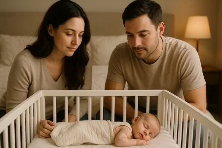 Mladi roditelji u spavaćoj sobi s mekim osvjetljenjem nježno promatraju novorođenče koje sigurno spava u bijelom krevetiću, ilustracija vodiča za sigurnu i udobnu njegu novorođenčeta.