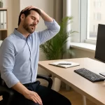 Muškarac u uredu sjedi za radnim stolom i radi jednostavnu vježbu istezanja vrata uz računalo – ilustracija pravilnih vježbi za uredske radnike koji puno sjede.