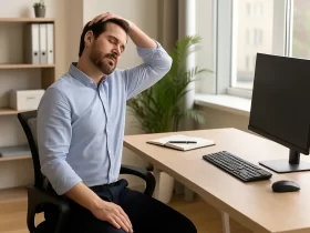 Muškarac u uredu sjedi za radnim stolom i radi jednostavnu vježbu istezanja vrata uz računalo – ilustracija pravilnih vježbi za uredske radnike koji puno sjede.