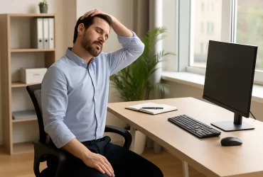 Muškarac u uredu sjedi za radnim stolom i radi jednostavnu vježbu istezanja vrata uz računalo – ilustracija pravilnih vježbi za uredske radnike koji puno sjede.