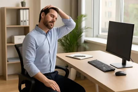 Muškarac u uredu sjedi za radnim stolom i radi jednostavnu vježbu istezanja vrata uz računalo – ilustracija pravilnih vježbi za uredske radnike koji puno sjede.