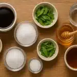 Široki pogled odozgo na drveni stol s šalicama kave i čaja, zdjelicama bijelog i smeđeg šećera, kristalima zaslađivača i listićima stevije te staklenkom meda – vizualna usporedba različitih prirodnih i umjetnih zaslađivača u svakodnevnoj prehrani i njihovog utjecaja na zdravlje.