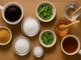 Široki pogled odozgo na drveni stol s šalicama kave i čaja, zdjelicama bijelog i smeđeg šećera, kristalima zaslađivača i listićima stevije te staklenkom meda – vizualna usporedba različitih prirodnih i umjetnih zaslađivača u svakodnevnoj prehrani i njihovog utjecaja na zdravlje.