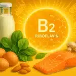 Vitamin B2 (riboflavin) – ilustracija izvora: mlijeko, jaja, losos, špinat, bademi i gljive; podrška energiji i metabolizmu.