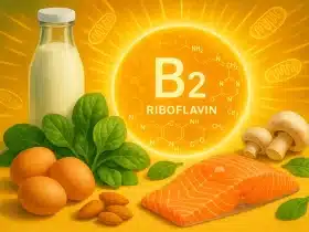 Vitamin B2 (riboflavin) – ilustracija izvora: mlijeko, jaja, losos, špinat, bademi i gljive; podrška energiji i metabolizmu.