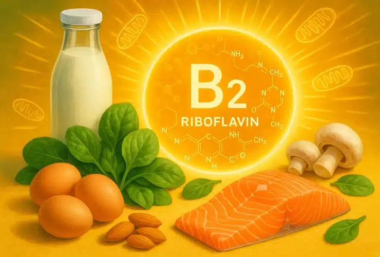 Vitamin B2 (riboflavin) – ilustracija izvora: mlijeko, jaja, losos, špinat, bademi i gljive; podrška energiji i metabolizmu.