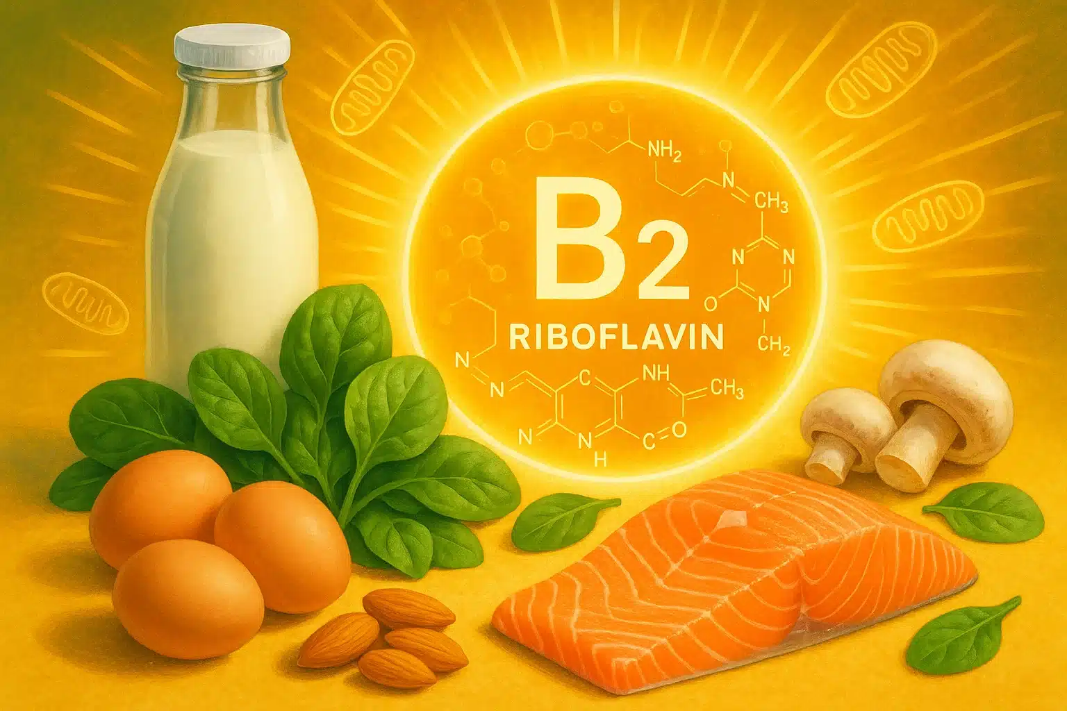 Vitamin B2 (riboflavin) – ilustracija izvora: mlijeko, jaja, losos, špinat, bademi i gljive; podrška energiji i metabolizmu.