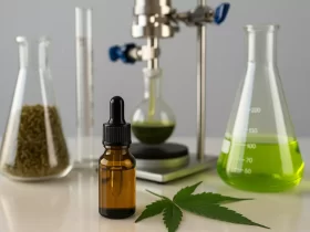 Laboratorijski prikaz proizvodnje CBD ulja s epruvetama, malim staklenim vrčem, bočicom ulja i listovima konoplje na stolu.