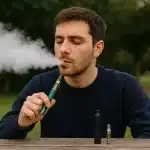Mladić sjedi za stolom u parku, koristi CBD vape olovku i izdiše gust oblak pare. Ispred njega su vape uređaj i patrona.