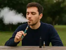 Mladić sjedi za stolom u parku, koristi CBD vape olovku i izdiše gust oblak pare. Ispred njega su vape uređaj i patrona.