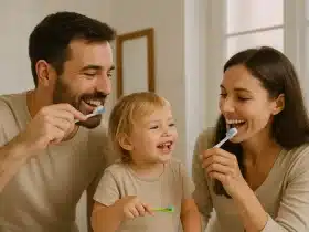 Nasmijani roditelji peru zube i tako motiviraju dvogodišnje dijete da pere svoje.