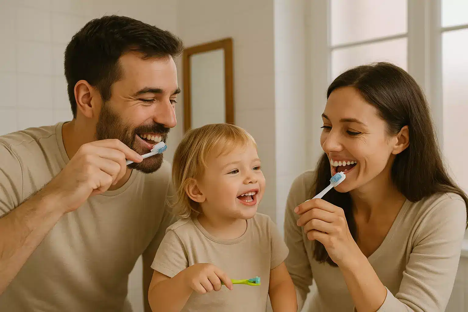Nasmijani roditelji peru zube i tako motiviraju dvogodišnje dijete da pere svoje.