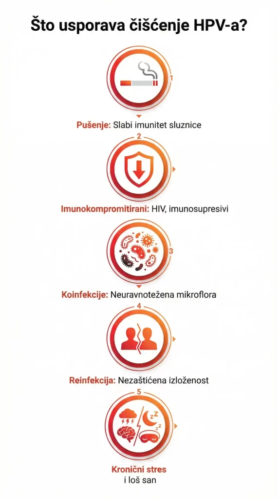 Infografika “Što usporava čišćenje HPV-a?” – faktori koji otežavaju eliminaciju HPV virusa: pušenje, imunokompromitiranost (HIV/imunosupresivi), koinfekcije i neuravnotežena mikroflora, reinfekcija (nezaštićena izloženost) te kronični stres i loš san.