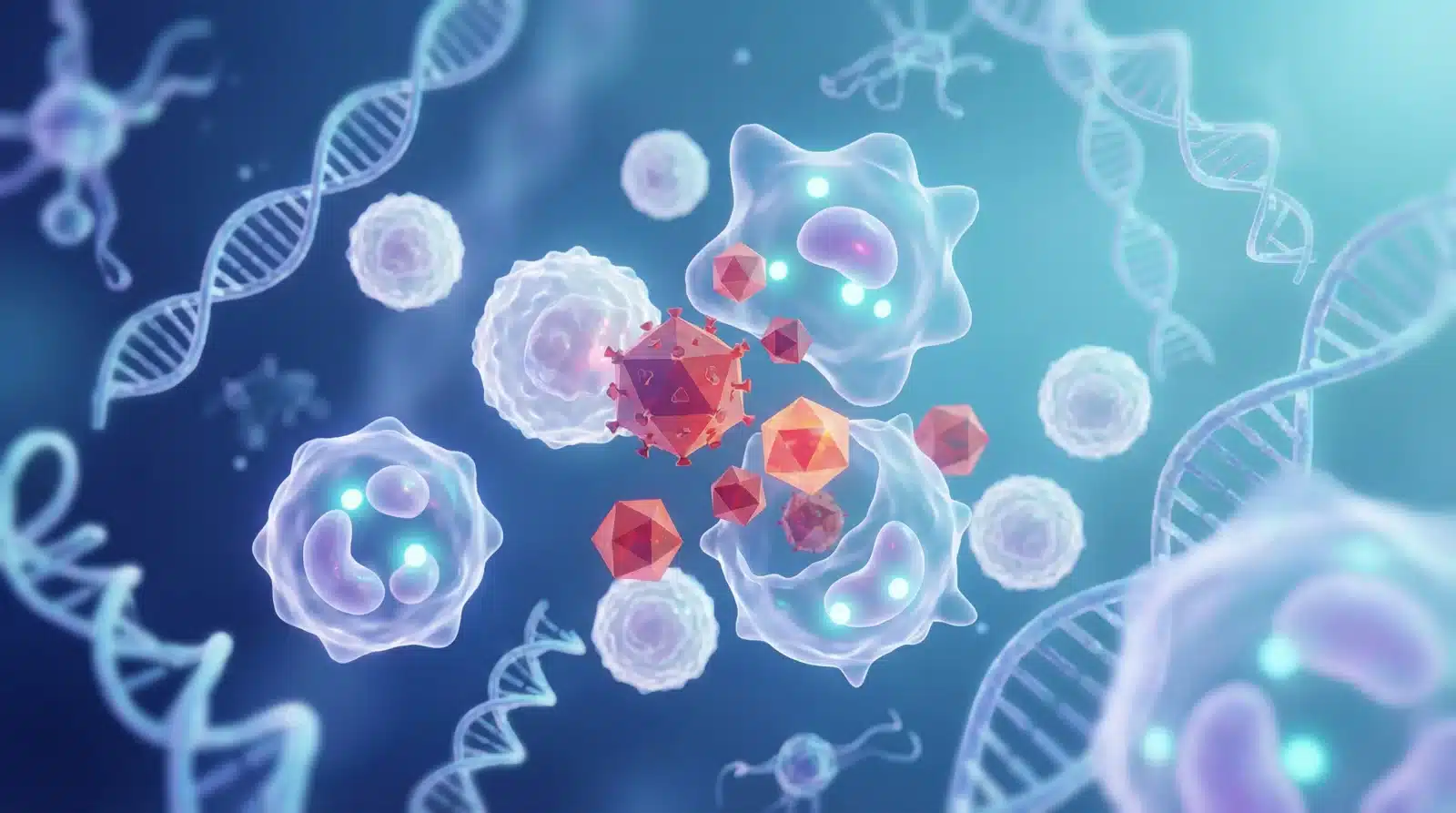 HPV virus okružen i napadnut imunološkim stanicama (bijele krvne stanice), uz DNK spiralu u pozadini – 3D medicinska ilustracija infekcije i obrane organizma.