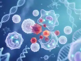 HPV virus okružen i napadnut imunološkim stanicama (bijele krvne stanice), uz DNK spiralu u pozadini – 3D medicinska ilustracija infekcije i obrane organizma.