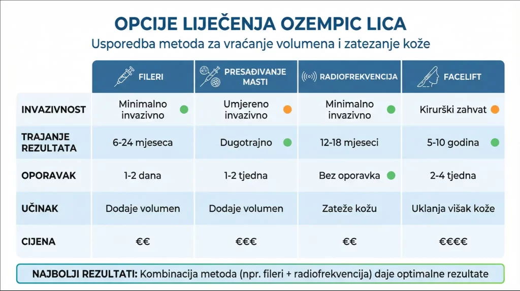 Infografika “Opcije liječenja Ozempic lica” uspoređuje metode vraćanja volumena i zatezanja kože: fileri, presađivanje masti, radiofrekvencija i facelift, uz prikaz invazivnosti, trajanja rezultata, oporavka, učinka i okvirne cijene te preporuku kombiniranja metoda za najbolje rezultate.