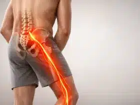 Realistična medicinska ilustracija ljudskog tijela s leđa i iz bočnog kuta, s naglašenim ishijadičnim živcem koji se proteže od donjeg dijela kralježnice kroz stražnjicu i niz nogu, vizualni prikaz išijasa i bolova u donjem dijelu leđa.