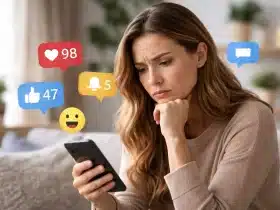 Mlada odrasla žena u dnevnoj sobi zamišljeno promatra ekran pametnog telefona i izložena je pritisku digitalnih notifikacija.