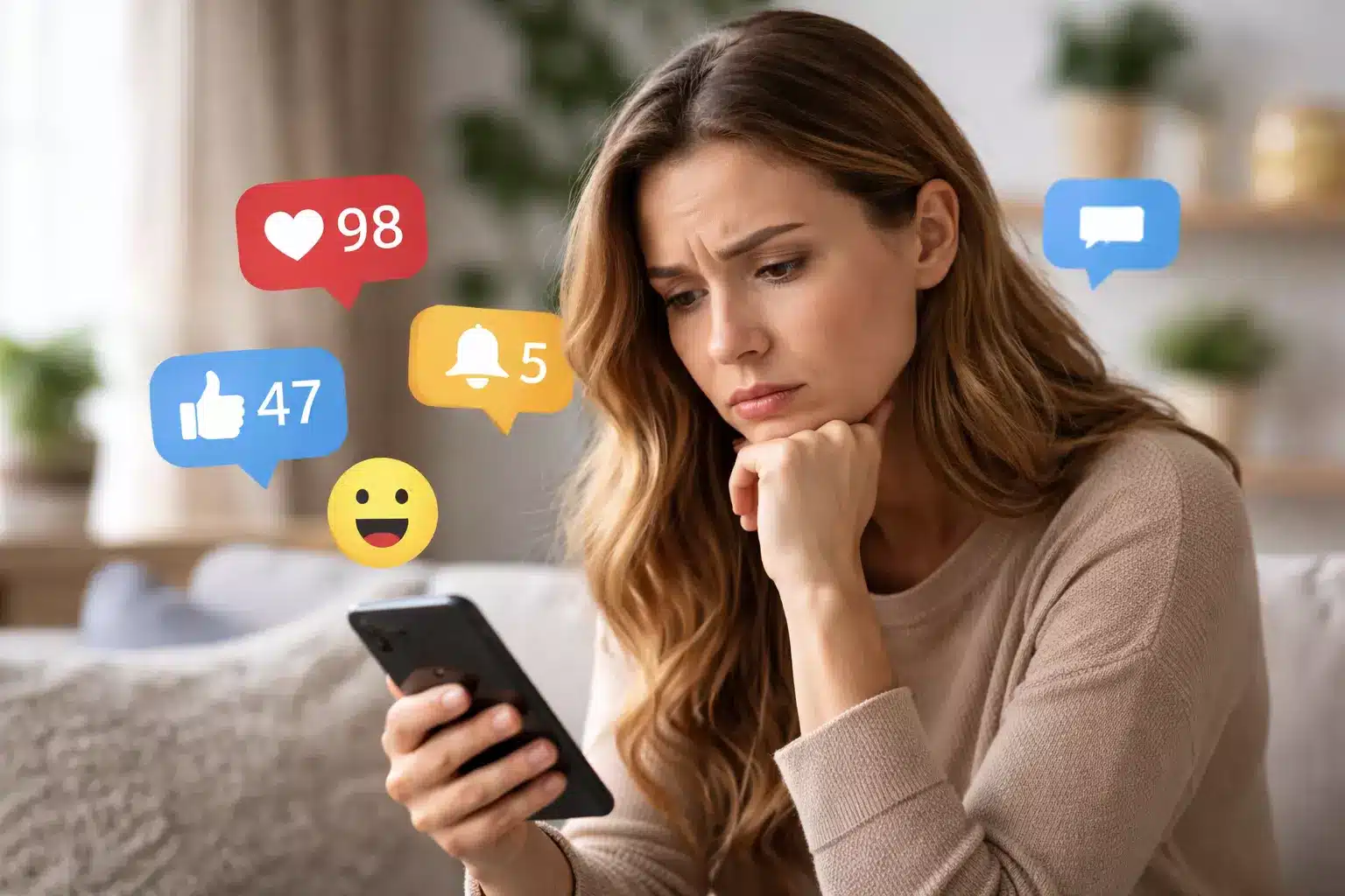 Mlada odrasla žena u dnevnoj sobi zamišljeno promatra ekran pametnog telefona i izložena je pritisku digitalnih notifikacija.