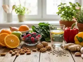 Šareni izbor svježeg voća i povrća, orašastih plodova, sjemenki i čaše vode s limunom na kuhinjskom stolu, prikaz zdravih namirnica koje prirodno jačaju imunitet.