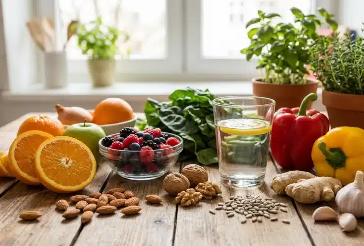 Šareni izbor svježeg voća i povrća, orašastih plodova, sjemenki i čaše vode s limunom na kuhinjskom stolu, prikaz zdravih namirnica koje prirodno jačaju imunitet.