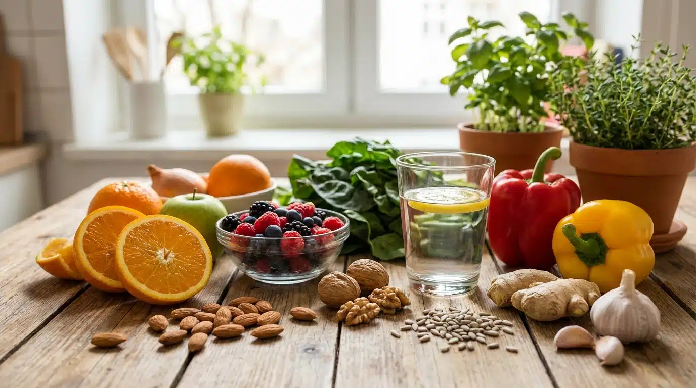 Šareni izbor svježeg voća i povrća, orašastih plodova, sjemenki i čaše vode s limunom na kuhinjskom stolu, prikaz zdravih namirnica koje prirodno jačaju imunitet.