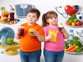 Pretili dječak i djevojčica uz grafičke simbole zdrave i loše prehrane, tjelesne aktivnosti i zdravlja.