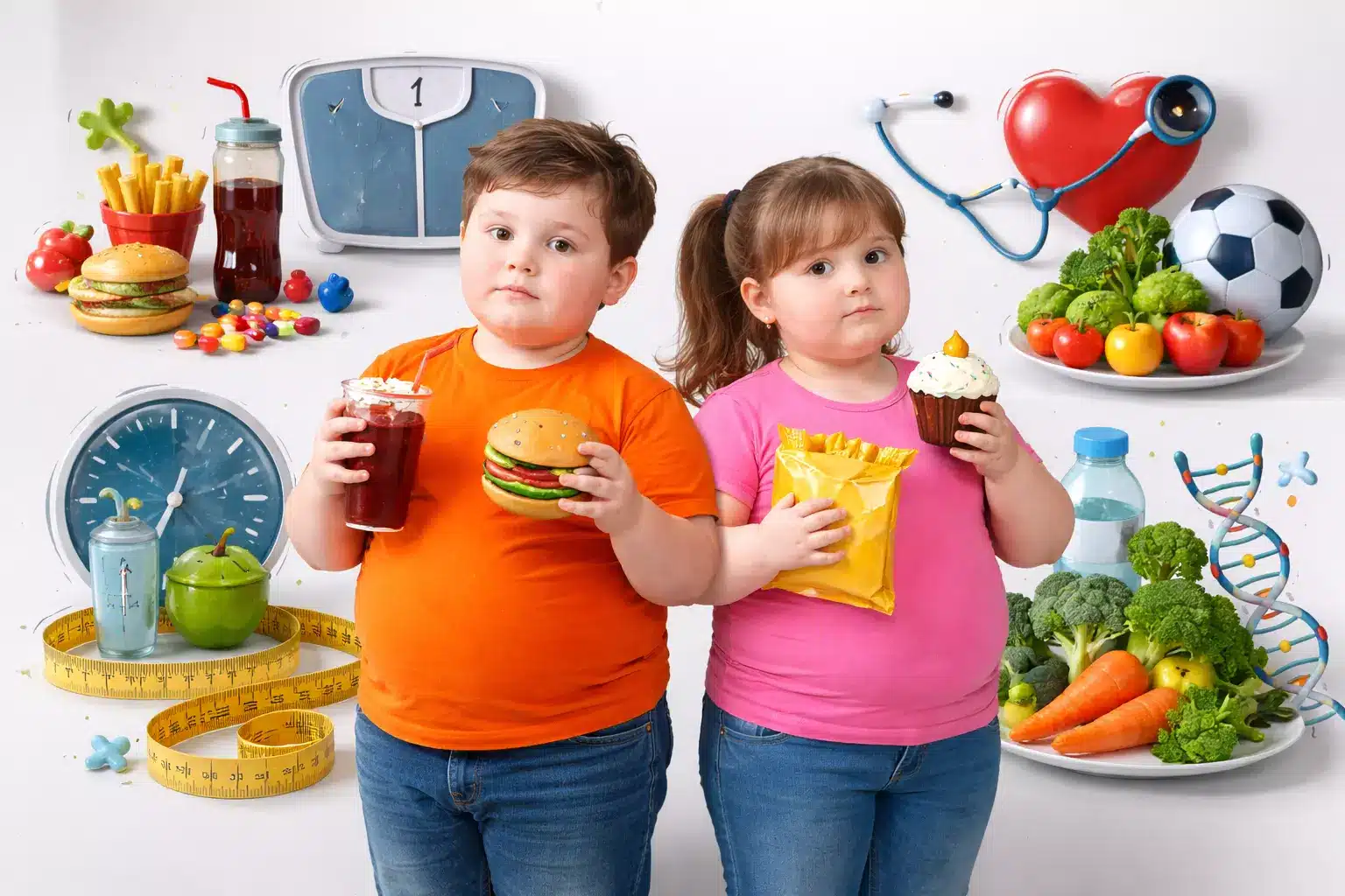 Pretili dječak i djevojčica uz grafičke simbole zdrave i loše prehrane, tjelesne aktivnosti i zdravlja.