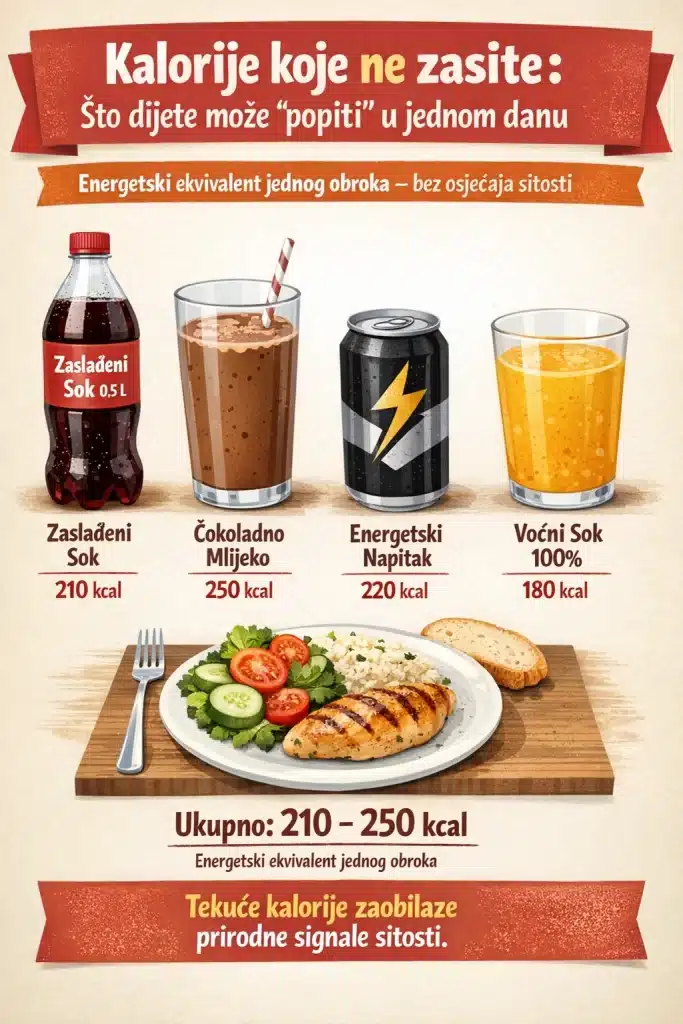 Infografika koja upozorava na skrivene kalorije u pićima za djecu, uspoređujući kalorijsku vrijednost zaslađenog soka, čokoladnog mlijeka i energetskog napitka s cijelim, uravnoteženim obrokom. Slika jasno pokazuje kako tekuće kalorije ne pružaju osjećaj sitosti, što je ključno za razumijevanje zdrave prehrane i kontrolu unosa kalorija.
