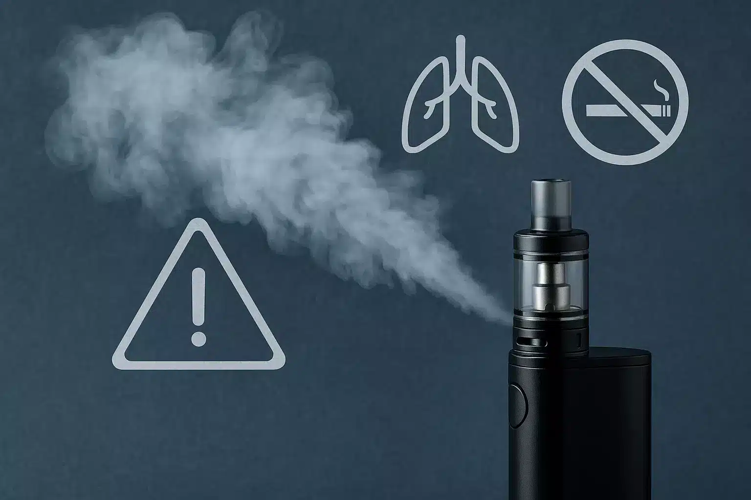 Fotografija vape uređaja s parom i jednostavnim grafičkim simbolima: znak opasnosti, pluća i zabrane pušenja.