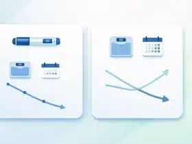 GLP-1 injekcija za mršavljenje, vaga i kalendar u dva panela koji prikazuju gubitak težine tijekom terapije i neizvjesne promjene nakon prestanka liječenja.