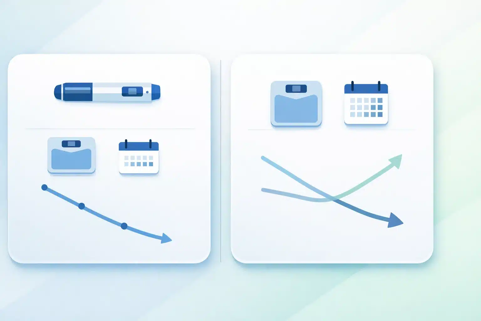 GLP-1 injekcija za mršavljenje, vaga i kalendar u dva panela koji prikazuju gubitak težine tijekom terapije i neizvjesne promjene nakon prestanka liječenja.
