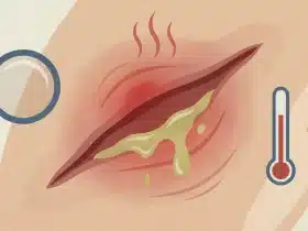 Ilustracija simptoma inficirane rane koja prikazuje crvenilo, gnoj i bakterije uz medicinske simbole za prepoznavanje infekcije.