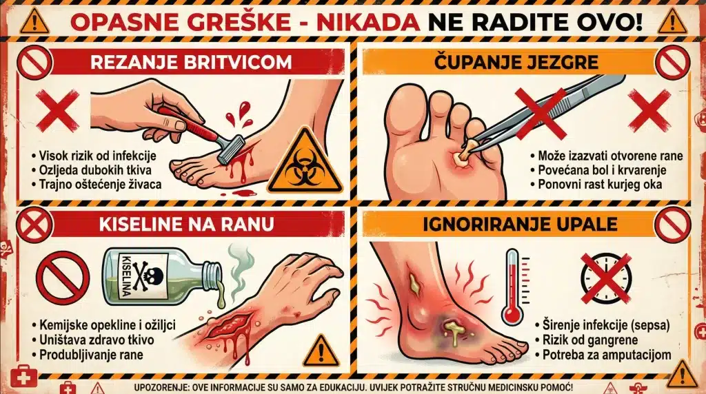 Infografika “Opasne greške – nikada ne radite ovo” kod kurjeg oka: rezanje britvicom, čupanje jezgre, stavljanje kiselina na ranu i ignoriranje upale (rizik infekcije i komplikacija).
