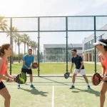 Četiri rekreativna igrača igraju padel u parovima na vanjskom terenu okruženom staklom i mrežom, s palmama u pozadini.