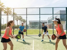 Četiri rekreativna igrača igraju padel u parovima na vanjskom terenu okruženom staklom i mrežom, s palmama u pozadini.