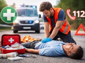 Muškarac pruža prvu pomoć osobi na cesti nakon prometne nesreće, uz vidljivu kutiju prve pomoći i dolazak hitne pomoći.