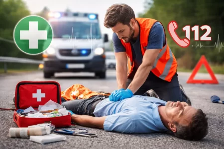 Muškarac pruža prvu pomoć osobi na cesti nakon prometne nesreće, uz vidljivu kutiju prve pomoći i dolazak hitne pomoći.