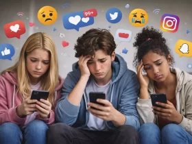 Zabrinuti tinejdžeri koriste pametne telefone, a oko njih su ikone društvenih mreža koje simboliziraju emocionalni pritisak.