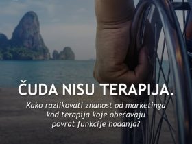 Naslovnica kampanje Hrvatskih udruga paraplegičara i tetraplegičara s osobom u invalidskim kolicima uz poruku o razlikovanju znanstveno utemeljene terapije od marketinških obećanja povrata funkcije hodanja.