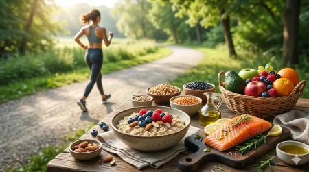 Zdrava prehrana i tjelovježba za snižavanje kolesterola – zobena kaša, losos, bademi, mahunarke, voće i žena koja trči u prirodi